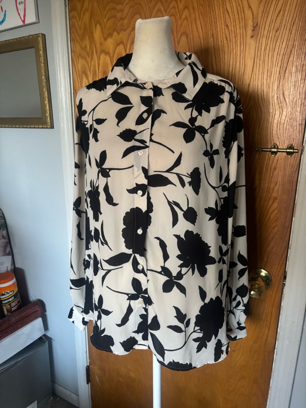 H&M Black Floral Print Button-Up Blouse on Cream